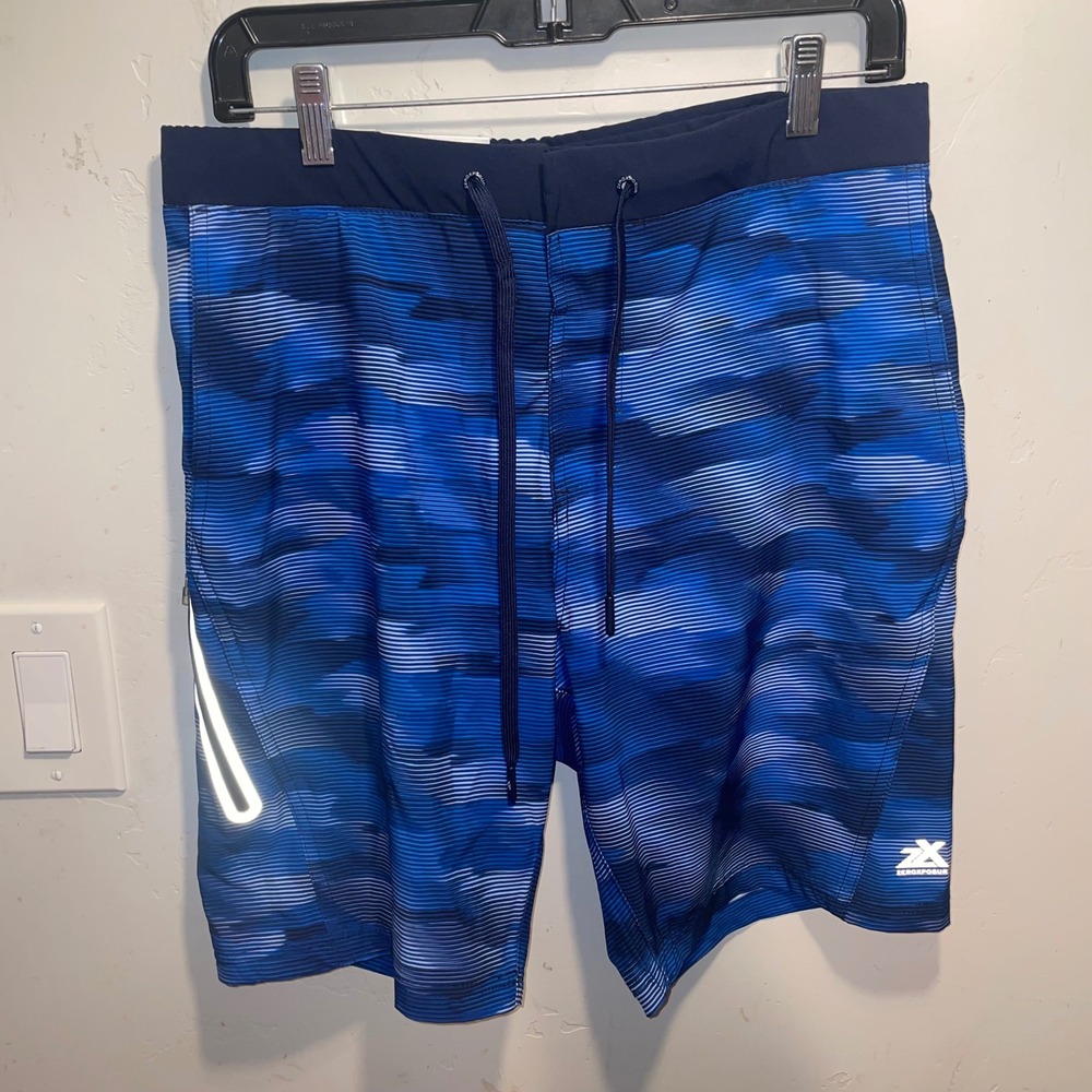Zeroxposur Mens Swim Trunks Navy Fjord Blue Stripped Board Shorts Small